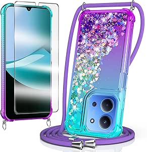 WQRTYJK Handykette für Xiaomi Redmi 15C 4G/5G Hülle mit Band mit Schutzfolie, Silikon Durchsichtig Transparent Glitzer mit Kette Kordel Treibsand Necklace Schutzhülle Case, Purple